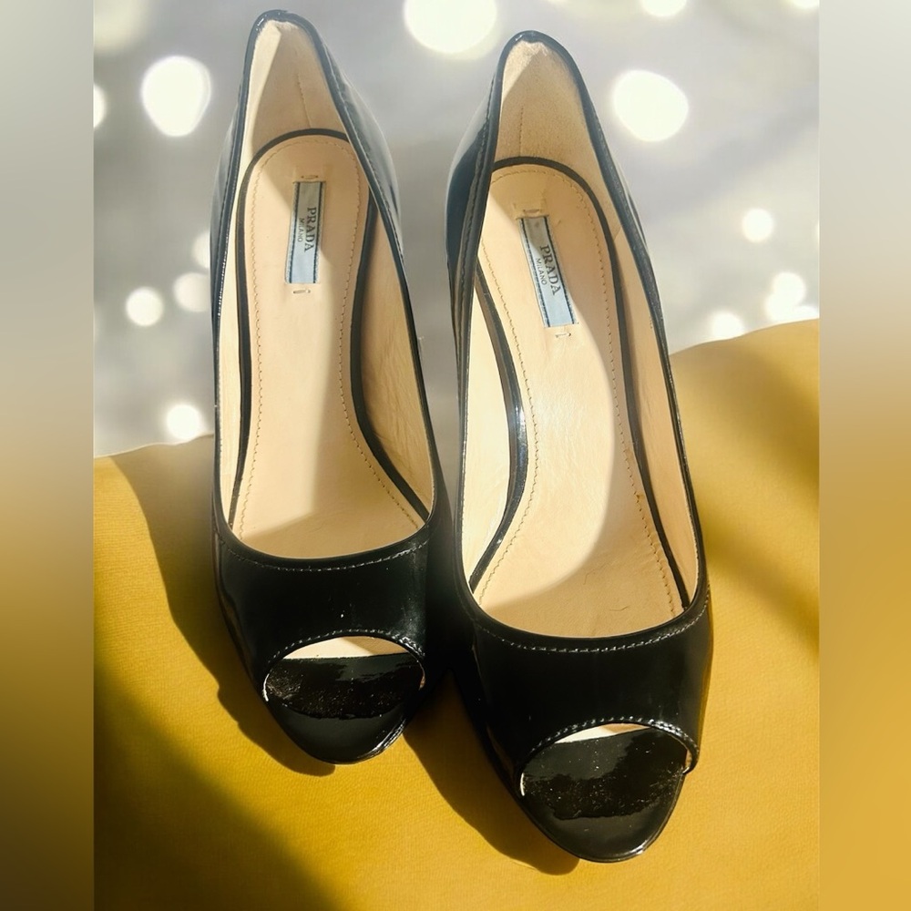 Prada 🖤 Black Peep-Toe wedgeHeels 7.5 - Picture 9 of 10